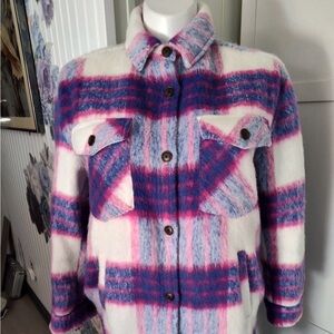 Blank NYC Plaid Shacket Coat | Cozy Oversized Shirt Jacket Pink Purple Large